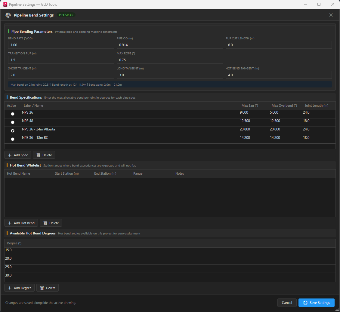 Pipe Bend Settings