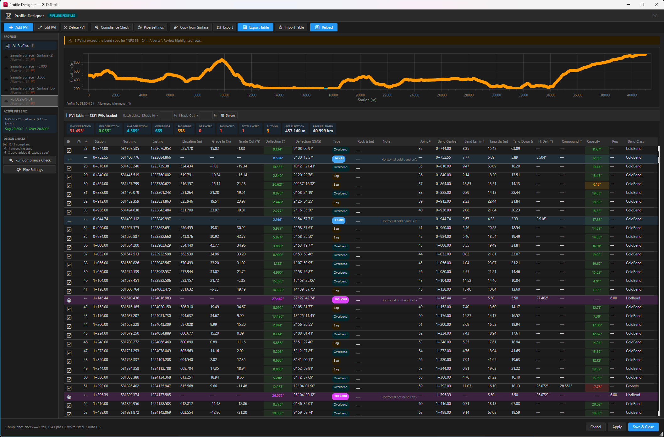 PipeGrade Pro Profile Designer — PVI table, profile chart, bend compliance, export tools