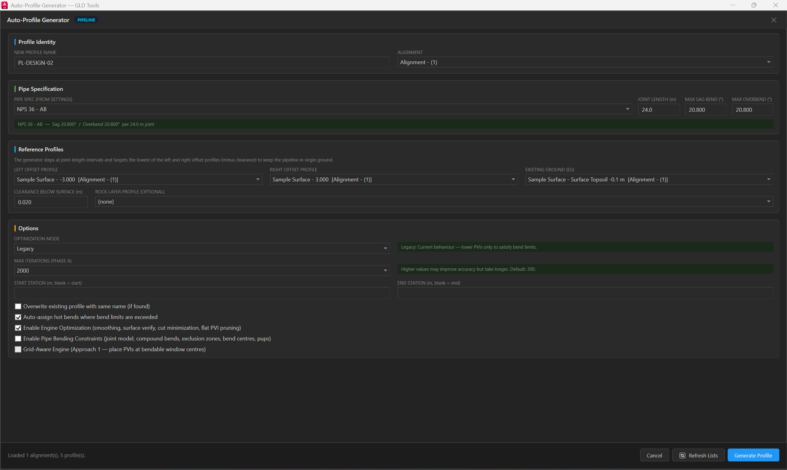 Auto-Profile Generator — alignment, offset profiles, pipe spec, optimization mode